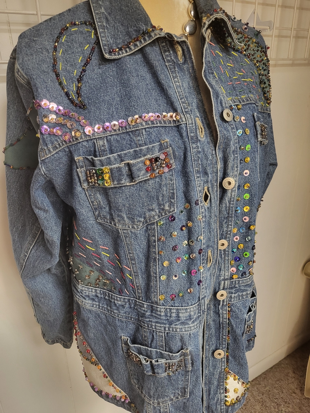 Hippie Embellished Blue Denim Jacket with Multicolor Sequins, Size 14/16